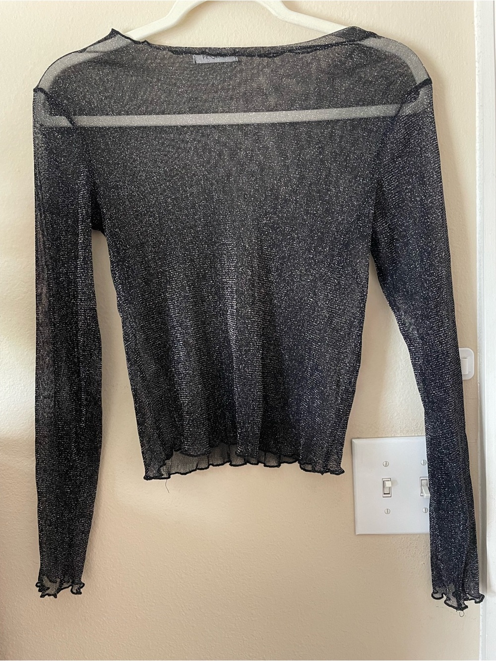 Black Sheer Lettuce Trim Silver Shimmer Mesh‎ Top Small Whimsigoth Rave Party